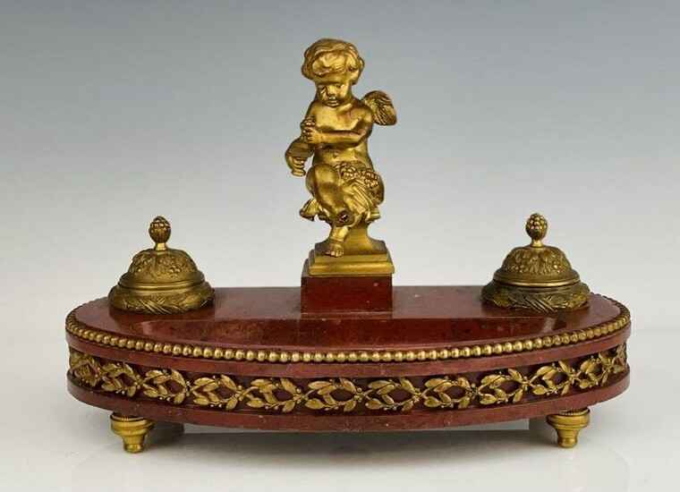19TH C. DORE BRONZE AND ROUGES MARBLE INKWELL