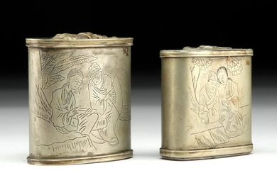 19th C. Chinese Brass Snuff Boxes w/ Erotic Scenes (pr)