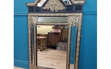 19th C. French brass and ebonised cushion mirror with floral...