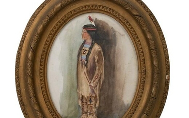 19th C. Native American Girl Warrior Watercolor