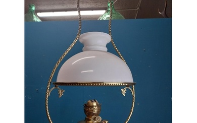 19th C. hanging brass oil lamp with opaline shade. {70 cm H ...