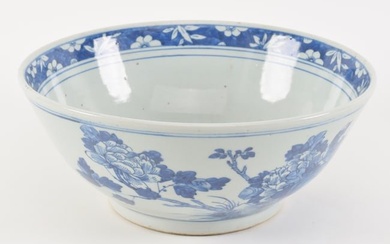 19th century Chinese blue and white porcelain punch bowl. Bird in landscape on outside. Landscape on