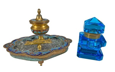 2 Antique Bronze Champleve & Blue Glass Inkwells