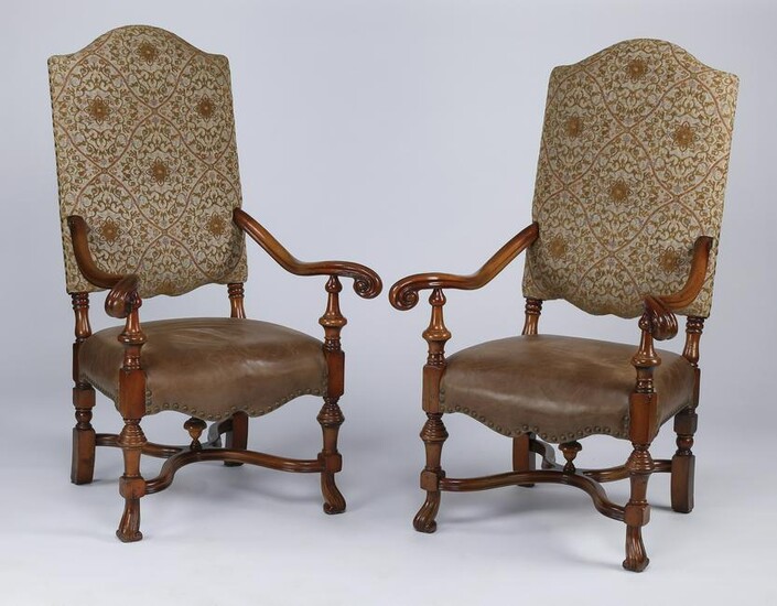 (2) Charles X-style carved armchairs w/ leather
