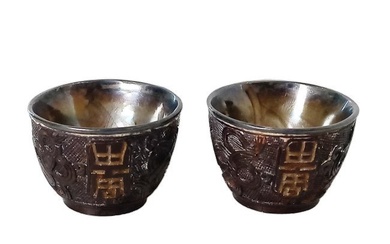 2 Exquisite Antique Chinese Miniature Silver Lined Carved Sake Cups