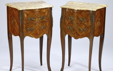 (2) French marble top marquetry commodes, early 20th