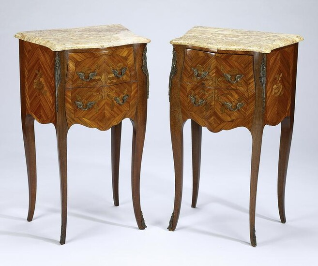 (2) French marble top marquetry commodes, early 20th