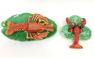 (2) Majolica figural lobster serving pieces. A