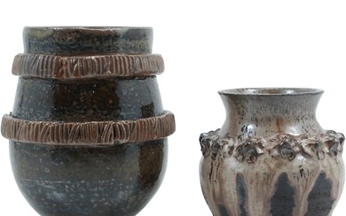 2 Unique Studio Art Pottery Vases in Brown Glaze, one Signed