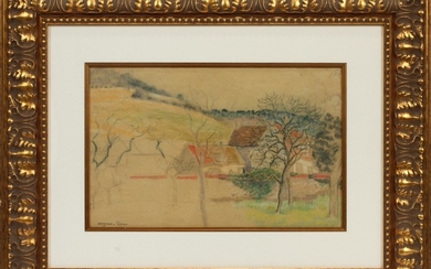 GEORGES HENRI MANZANA PISSARRO FRENCH 1871 1961 CHALK DRAWING ESTATE STAMPED 11 18 HILLSIDE WITH TREES HOUSES