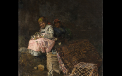 Vincenzo Caprile ( Napoli 1856 - 1936 ) , "La venditrice di polli" olio su tela (cm 80x53.5) Firmato in basso a sinistra Al retro: cartiglio Provenienza: 1889, acquistato...