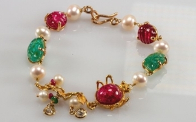 18 kt. Yellow gold - Bracelet - Diamonds, Jade, Pearls, Rubys, Tourmalines