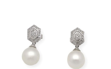 18 kt. Gold, Natural pearl, Saltwater pearls, South sea pearl, White gold - Earrings Diamond