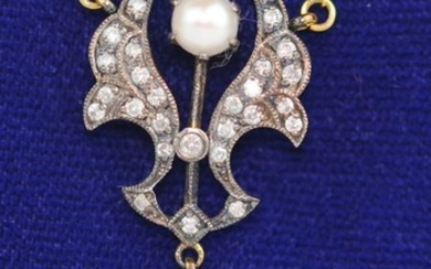 (Victorian) Brilliant-Cut Diamond & Pearl - 9K Gold, Silver - Necklace