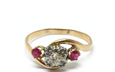 Antique - 18 kt. Yellow gold - Ring Diamond - Ruby