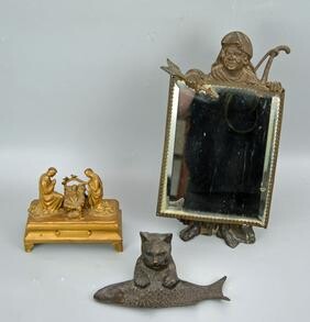 3 Antique Metal Items (Music Box, Pen Rest, Mirror)