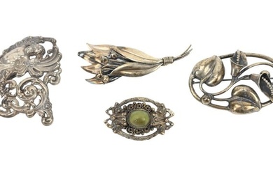 3 Sterling Silver Art Nouveau Style Pins, Buckle