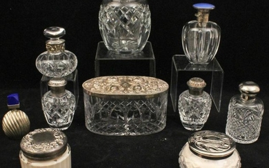 11 PC. MISC. LOT OF CUT GLASS AND SILVER VANITY JARS