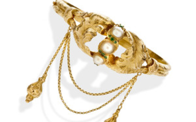 A 19th century half pearl, green stone and gold bangle