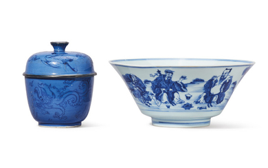 A BLUE AND WHITE AND UNDERGLAZE-RED ‘IMMORTALS’ BOWL AND A BLUE-GROUND ‘DRAGON’ BOWL AND COVER, QING DYNASTY, 17TH-18TH CENTURY