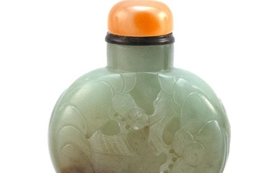 CHINESE CELADON AND BROWN JADE SNUFF BOTTLE In Cizhou style. Obverse with a sage beneath a pine tree. Reverse with a rural cottage a...