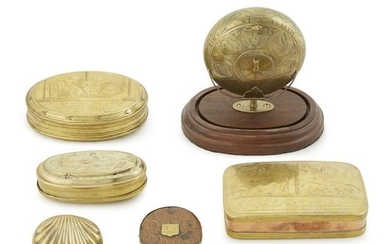 Collection of six brass tobacco or snuff boxes