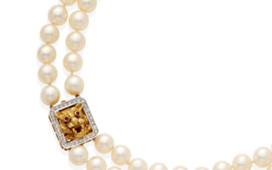 A cultured pearl, diamond, ruby and 14k gold double strand necklace