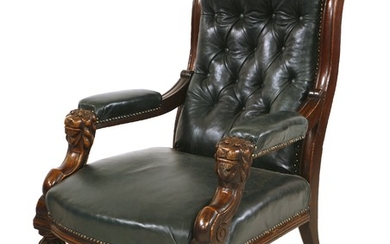 A William IV mahogany and green buttoned leather library chair