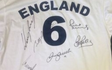 Football England Souvenir Retro No 6 shirt signed by Wayne Rooney, Bobby Charlton, David Beckham, Paul Scholes and two others....