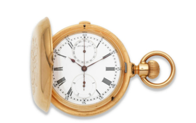 Henry Moser & Co. An 18K gold keyless wind full hunter chronograph pocket watch with 1/5th seconds