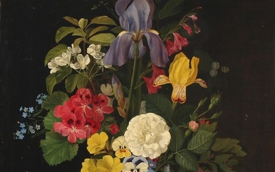 I. L. Jensen, school of, 19th century: Still life with a bouquet of colourful flowers in a vase on a sill. Unsigned. Oil on canvas. 50×43 cm.