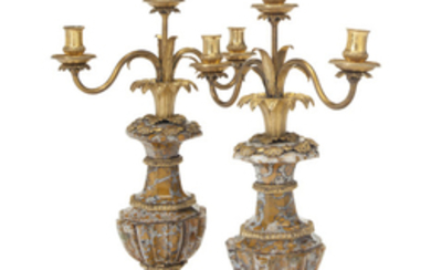 A PAIR OF ITALIAN ORMOLU-MOUNTED YELLOW JASPER THREE-BRANCH CANDELABRA, 19TH CENTURY, THE JASPER ELEMENTS POSSIBLY EARLIER AND REUSED