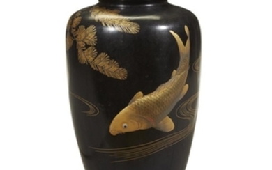 Japanese lacquer "Koi and Pine" vase With metal liner...