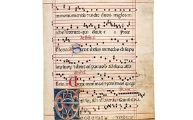 Large decorated initial from a manuscript Antiphoner, repaired with sections from a late twelfth-century Missal, both on parchment [northern Italy (probably Bologna), late thirteenth century]
