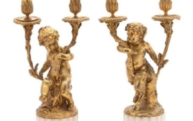A Pair of Louis XV Style Gilt Bronze and Marble Two-Light Candelabra