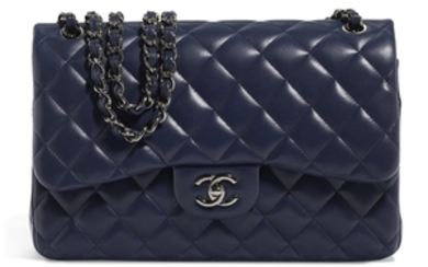 A NAVY LAMBSKIN LEATHER JUMBO DOUBLE FLAP BAG WITH SILVER HARDWARE, CHANEL, 2013