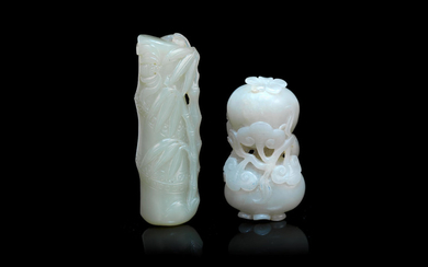 A pale jade carving of pomegranate and a pale green jade carving of bamboo