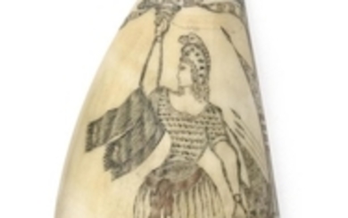 PATRIOTIC POLYCHROME SCRIMSHAW WHALE'S TOOTH ATTRIBUTED TO SAMUEL W. TENNEY Tenney is also known as the "King of the Sea Artist". Sc..