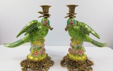 Porcelain candlesticks with bronze ornaments (depicting
