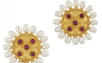 A pair of ruby and cultured pearl...