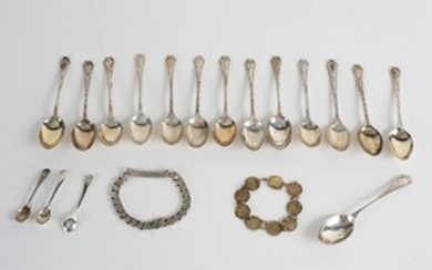 Thirteen silver teaspoons, a silver identity bracelet