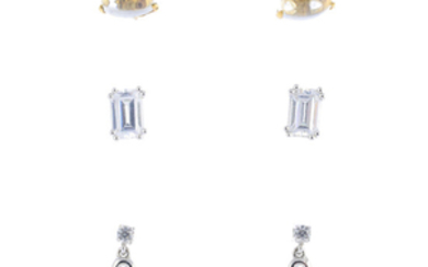 Three pairs of gem-set earrings.