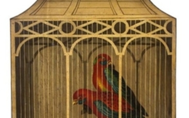 A Pair of Tromp L'Oeil Hand-Painted Tole Panels of Birdcages