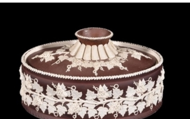 A Turner white stoneware and brown slip decorated pie dish and cover