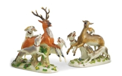 TWO MEISSEN HUNTING GROUPS, CIRCA 1755-60, THE STAG GROUP DECORATED LATER IN THE 18TH CENTURY, BLUE CROSSED SWORDS MARKS