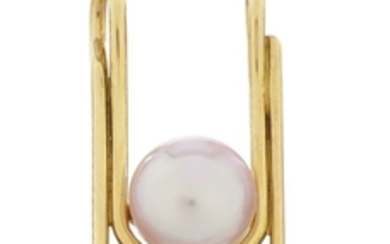 Gilbert Albert, pendentif trombone or 750 retenant d'une perle de culture rosée