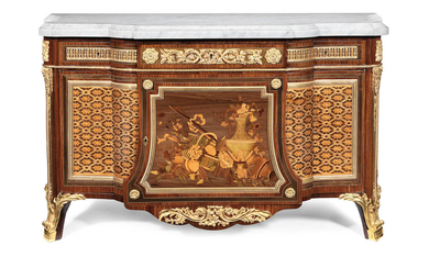 A French late 19th century tulipwood, mahogany, marquetry and gilt bronze mounted commode a vantaux