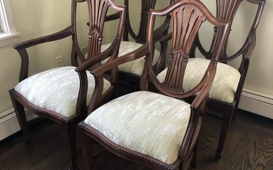 4 Sheraton Shield Back Carved Arm Chairs
