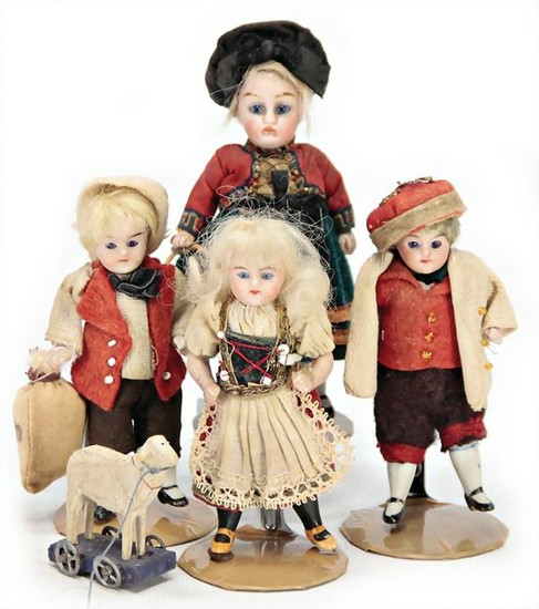 4 pieces, dollhouse dolls, children, 1x 9 cm, 1x 11 cm