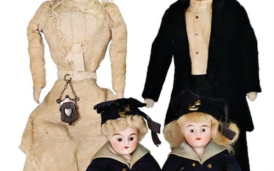 4 pieces, dollhouse dolls, man and woman, man with modelled moustache, bisque shoulder headed